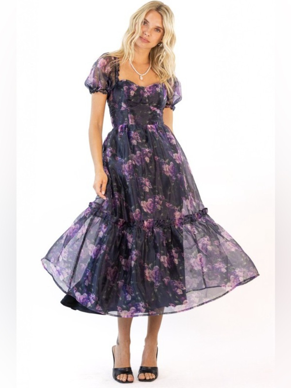 Floral Puff-Sleeve Midi Dress